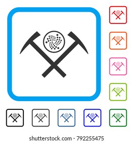 Iota Mining Hammers icon. Flat gray pictogram symbol inside a blue rounded frame. Black, grey, green, blue, red, orange color versions of iota mining hammers vector.