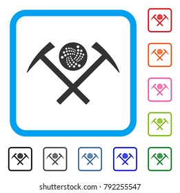 Iota Mining Hammers icon. Flat grey pictogram symbol inside a blue rounded rectangular frame. Black, grey, green, blue, red, orange color variants of iota mining hammers vector.