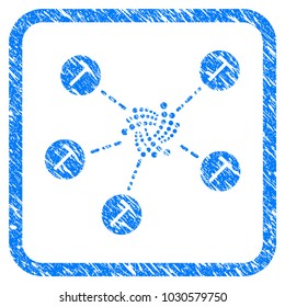 Iota Mining Network rubber seal stamp imitation. Icon vector symbol with grunge design and dirty texture inside rounded squared frame. Scratched blue stamp imitation on a white background.