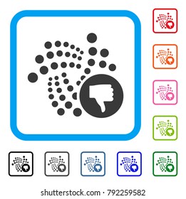 Iota Thumb Down icon. Flat grey pictogram symbol inside a blue rounded squared frame. Black, grey, green, blue, red, orange color additional versions of iota thumb down vector.