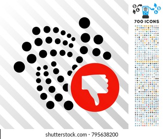 Iota Thumb Down pictograph with 7 hundred bonus bitcoin mining and blockchain graphic icons. Vector illustration style is flat iconic symbols design for cryptocurrency websites.