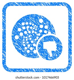 Iota Thumb Down rubber seal stamp watermark. Icon vector symbol with grunge design and corrosion texture inside rounded squared frame. Scratched blue emblem on a white background.