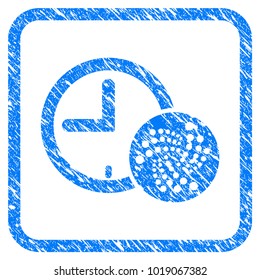 Iota Time rubber seal stamp imitation. Icon vector symbol with grunge design and dirty texture inside rounded square frame. Scratched blue emblem on a white background.