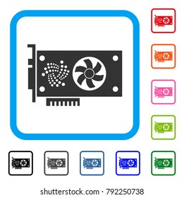Iota Video Gpu Card icon. Flat gray pictogram symbol in a blue rounded square. Black, gray, green, blue, red, pink color variants of iota video gpu card vector.