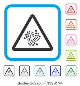 Iota Warning icon. Flat gray pictogram symbol inside a blue rounded squared frame. Black, gray, green, blue, red, orange color additional versions of iota warning vector.