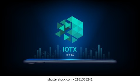 IoTeX crypto currency token symbol come out from smartphone. Coin icon on dark background. Trading cryptocurrency in stock market on application. For website or banner. Vector illustrator.