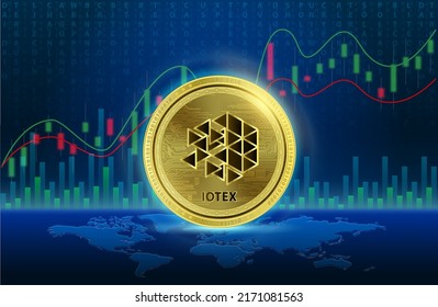 Moneda IoTeX (IOTX) Cryptocurrency blockchain. La lista de símbolos de monedas variadas es de fondo. Futura moneda alternativa de tecnología de reemplazo digital. Gráfico de acciones de oro. Ilustración vectorial 3D.