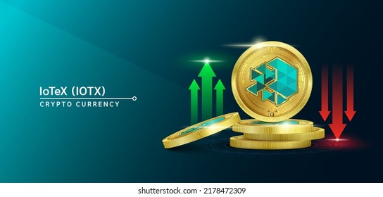 IoTeX token cryptocurrency banner. Future currency on blockchain stock market with red-green arrows up and down. Gold coins crypto currencies. Banner for news on a solid background. 3D Vector.
