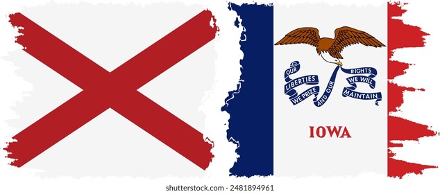 Iowa and Alabama states grunge brush flags connection, vector