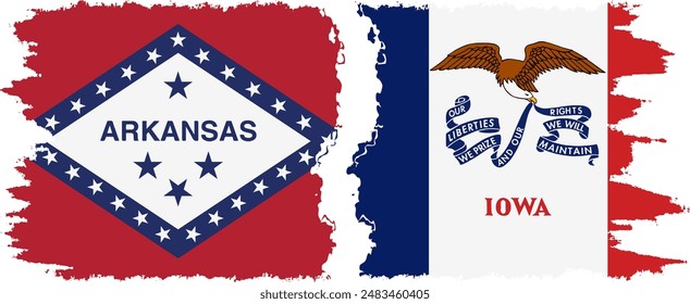 Iowa and Arkansas states grunge brush flags connection, vector