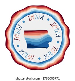 Iowa badge. Map of the US state with beautiful geometric waves and vibrant red blue frame. Vivid round Iowa logo. Vector illustration.