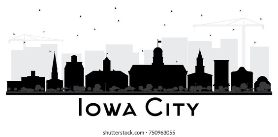 Iowa City skyline black and white silhouette. Vector illustration. Simple flat concept for tourism presentation, banner, placard or web site. Business travel concept. Cityscape with landmarks.