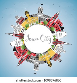 Iowa City Skyline with Color Buildings, Blue Sky and Copy Space. Vector Illustration. Business Travel and Tourism Illustration with Historic Architecture.