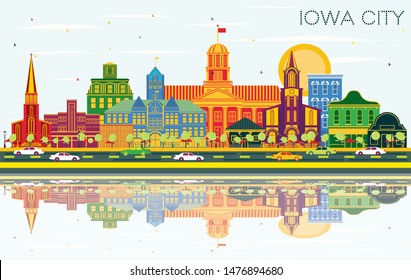 Línea aérea de la ciudad de Iowa con edificios en color, cielo azul y reflexiones. Ilustración vectorial. Ilustración de viajes de negocios y turismo con arquitectura histórica. El paisaje urbano de Iowa con monumentos.