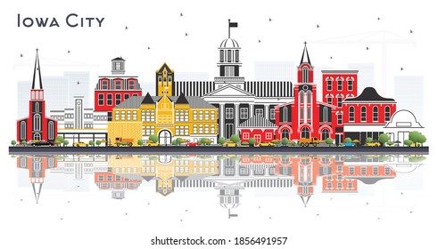 Iowa City Skyline with Color Buildings and Reflections Isolated on White Background. Vector Illustration. Business Travel and Tourism Illustration with Historic Architecture.