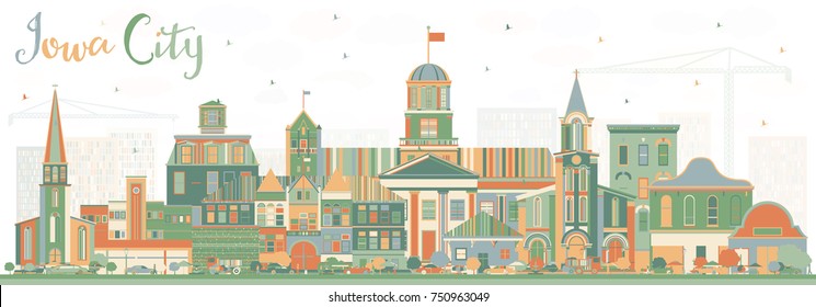 Iowa City Skyline with Color Buildings. Vector Illustration. Business Travel and Tourism Illustration with Historic Architecture.