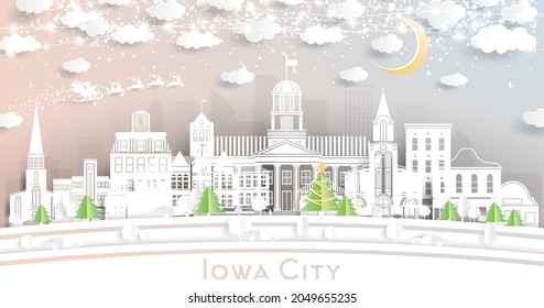 Iowa City Skyline in Paper Cut Style with Snowflakes, Moon and Neon Garland. Vector Illustration. Christmas and New Year Concept. Santa Claus on Sleigh. Iowa City Cityscape Landmarks.