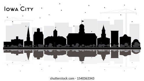 Iowa City Skyline Silhouette with Black Buildings and Reflections Isolated on White. Vector Illustration. Business Travel and Tourism Concept. Iowa City Cityscape with Landmarks. 