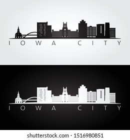 Iowa City USA skyline and landmarks silhouette, black and white design, vector illustration.