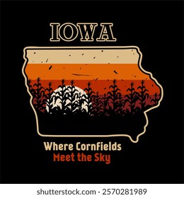 Iowa with Cornfield Silhouette in retro design 