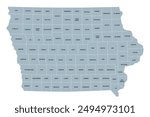 Iowa counties, gray political map with borders and county names. Landlocked state in the Midwestern region of the United States, subdivided into 99 counties. Nicknamed The Hawkeye State. Illustration