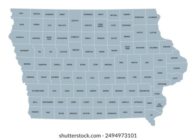 Iowa counties, gray political map with borders and county names. Landlocked state in the Midwestern region of the United States, subdivided into 99 counties. Nicknamed The Hawkeye State. Illustration