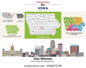 Iowa's Countys Karte und Kongressbezirke seit 2023 Karte. Des Moines Skyline (Hauptstadt des Bundesstaates und bevölkerungsreichste Stadt). Vektorsatz