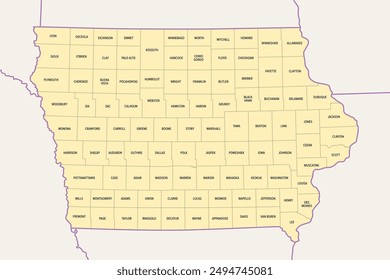 Iowa counties, political map with borders and county names. Landlocked state in the Midwestern region of the United States, subdivided into 99 counties. Nicknamed The Hawkeye State. Illustration