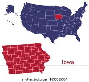 Iowa counties vector map with USA map colors national flag