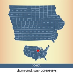 Iowa County Map With Names Labeled. Iowa State Of USA Map Vector Outline 