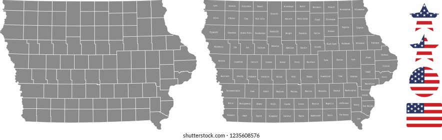 Iowa county map vector outline in gray background. Iowa state of USA map with counties names labeled and United States flag vector illustration designs