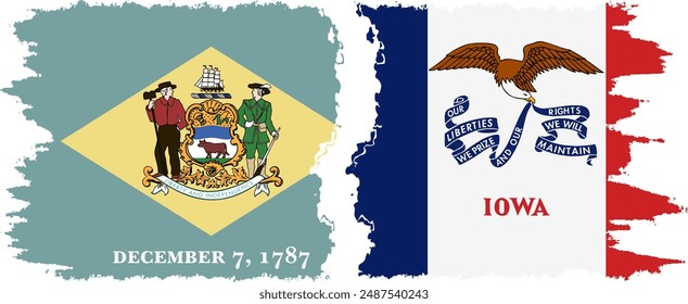 Iowa and Delaware states grunge brush flags connection, vector