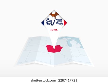 Iowa is depicted on a folded paper map and pinned location marker with flag of Iowa. Folded vector map.