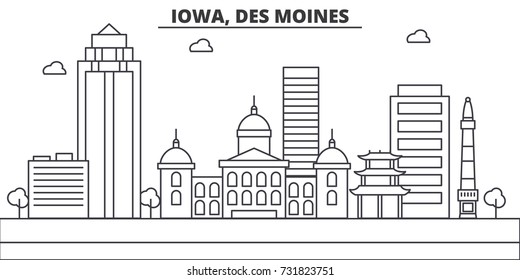 Iowa, Des Moines Architecture Line Skyline Illustration. Linear Vector Cityscape With Famous Landmarks, City Sights, Design Icons. Landscape Wtih Editable Strokes