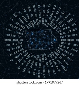 Iowa digital map. Binary rays radiating around glowing US state. Internet connections and data exchange design. Vector illustration.