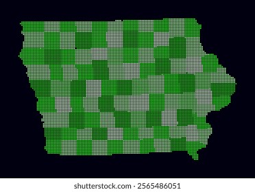 Iowa dotted map. Digital style map of the state on a dark background. Iowa shape with square dots. Colored dots style. Small size squares. Vibrant vector illustration.