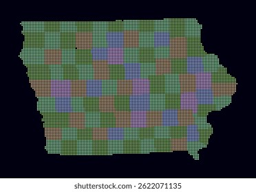 Iowa gepunktete Karte. Digitale Stilkarte des Zustands auf dunklem Hintergrund. Iowa-Form mit Kreispunkten. Farbige Punkte. Kleine Kreise. Künstlerische Vektorgrafik.