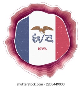 Iowa flag in frame. Badge of the US state. Layered circular sign around Iowa flag. Authentic vector illustration.