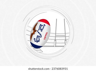 Iowa flag on rugby ball, lined circle rugby icon with ball in a crowded stadium. Vector sport emblem on abstract background.