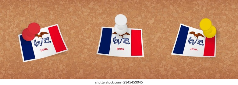 Iowa flag pinned in cork board, three versions of Iowa flag. Vector pushpins and flag set.