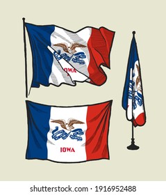 Iowa flag set - flag on the wind, flag on the wall and flag in the office