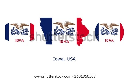 Iowa flag set. Iowa USA flag vector. Iowa flag map, hexagon, and circle