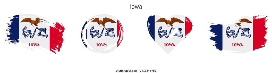 Iowa hand drawn grunge style flag icon set. US state banner in official colors. Free brush stroke shape, circle and heart-shaped. Flat vector illustration isolated on white.