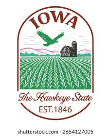 Iowa The Hawkeye State - Estados Unidos Estado Cityscape T-shirt Vetor, Ícones americanos de referência, Vintage Estados Cityscape Camisa, Retro Travel City Art, Estados Citações de referência, Estado de férias ilustração