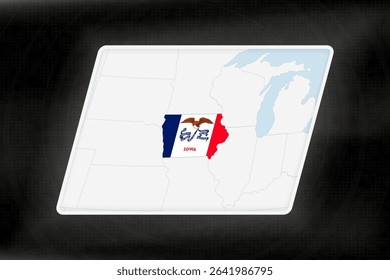 Iowa Highlighted in Flag Colors on Geographic Map. Modern Map on a dark abstract backdrop.