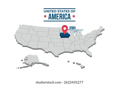 Iowa Highlighted On A 3D Isometric Map Of The United States Of America