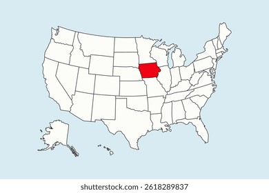 Iowa highlighted in USA map isolated on blue background