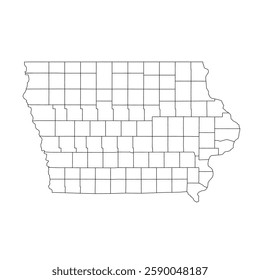 Iowa, IA - detailed political map of US state. Administrative map divided into counties. Thin blank black outline map. Vector illustration