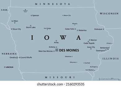 Iowa, IA, gray political map, with the capital Des Moines and most important cities. State in the Midwestern region of the United States of America, nicknamed The Hawkeye State. Illustration. Vector.