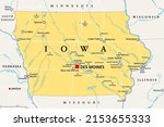 Iowa, IA, political map, with the capital Des Moines and most important cities, rivers and lakes. State in the Midwestern region of the United States of America, nicknamed The Hawkeye State. Vector.